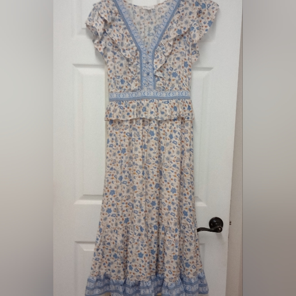 By The River Floral Blue and Cream Women's Dress - Picture 4 of 7